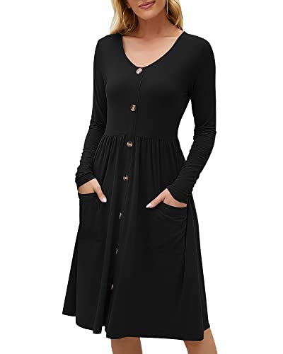 MISFAY Damen Casual Langarm Kleider Empire Taille Lose Kleid mit Taschen, 0 Schwarz, Groß Cover