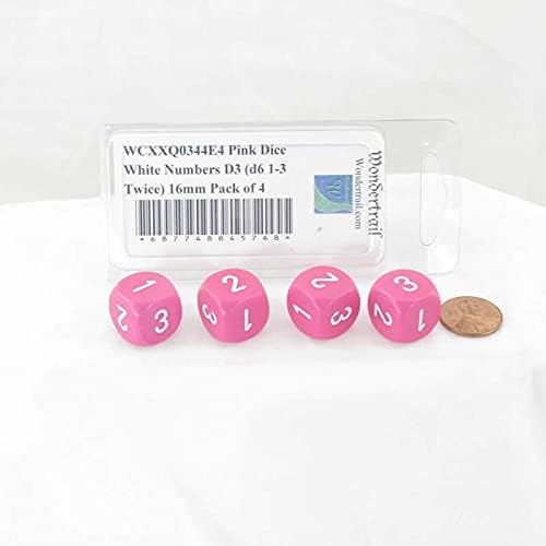 Pink Opaque Dice with White Numbers D3 (d6 1-3 Twice) 16mm (5/8in) Pack of 4 Wondertrail