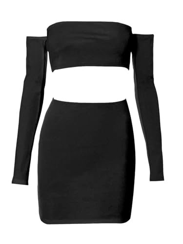Image of Black Two Piece Sets for Women Going Out Summer Off Shoulders Tube Tops Set Sexy Club Night Casual Y2K Mini Skirt Outfits D293 Black M