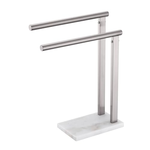 Image of KOKOSIRI Hand Towel Holders Standing Towel Bars 2-Tier with Marble Base for Bathroom Vanity Countertop, Brushed Stainless Steel 15.7'' Height THS0007-BR
