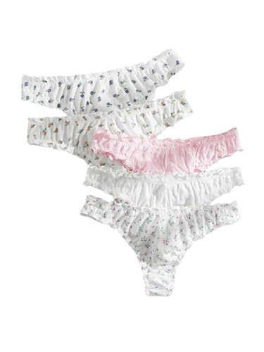 Image of GORGLITTER Women's 5pack Cute Panties Floral Print Low Rise Frilly Panties | Low Waist Underwear Set, Bow Lettuce Trim, Coquette Clothes