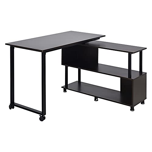 HOMCOM Mobile L-Shaped Rotating Computer Desk with Storage Shelves Moveable Rolling Writing Table Home Office Study Workstation for Home Office, Coffee