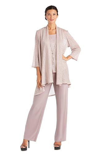 R&M Richards Women's 3-Piece Crinkle Pant Set | Duster Jacket, Straight Pants & Tank Top W/Necklace - Elegant Evening Outfit