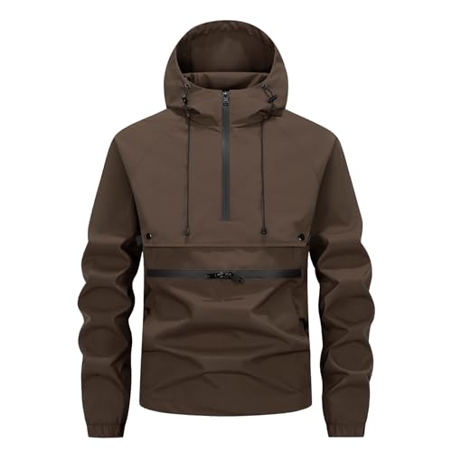 Image of YOUTHUP Men's Jacket Outdoor Half Zip Hooded Pullover Sports Windbreaker Jackets Casual with Pocket for Running Hiking Camping Brown XL