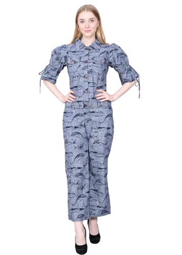 Image of AMOLDO Denim Printed Co-Ord Set For Women | 2 Piece Denim Co-Ord