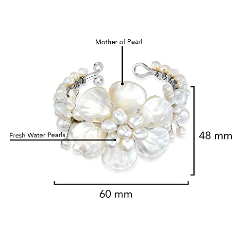 Aeravida Ocean’s Iridescent Garden White Mother Of Pearls Seashell And Cultured Freshwater Pearls Floral Cuff Bracelet | Open Cuff Bangle Bracelet For Women #TOP4