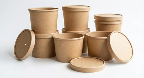 Générique Lot de 100 Pots à Soupe en Carton Kraft + Couvercles - 450 ml (16 oz) - Bol Alimentaire Format Déjeuner pour Soupes, Pâtes et Plats Chauds - Emballage Jetable Étanche avec Trous de Vapeur