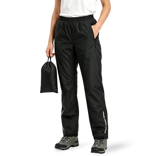 Image of MKEOIEAU Waterproof Trousers Womens with Reflective Strip, Lightweight Rainy Overtrousers Mesh Lined for Ladies, Windproof Pants for Outdoor Walking Golf Hiking Rainwear Black