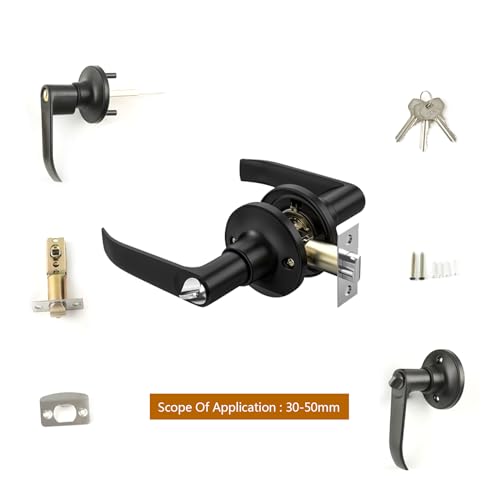 Door Handles - Bedroom Door Handle with Lock,Aluminium Alloy Door Handle,Contemporary Design for Internal Wooden Doors150×120mm(Black-1Pcs, 30-50mm)