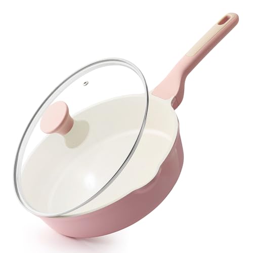 Image of SENSARTE Nonstick Ceramic Skillet with Lid 10-inch, 3.5QT Non Toxic Deep Frying Pan, Saute Pan with Lid, Stay-cool Handle, Healthy Cooking Pot, Induction Compatible, Pink