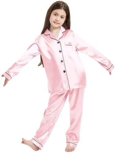 Image of Schbbbta Girls & Women Satin Pajamas Set, 2Piece Silk Nightwear Button-Down Sleepwear for Teen Kids, 3 Years - Women XXL