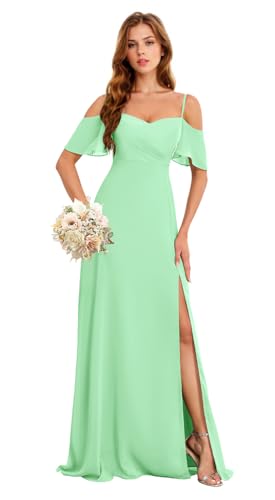 Image of Chiffon Bridesmaid Dress with Slit 2025 Long Pleated Off The Shoulder Formal Dress Mint Size 0 HGR93