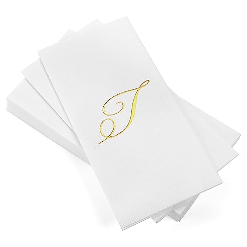 AH AMERICAN HOMESTEAD Disposable Napkins - Gold Monogram Guest Towel Napkins, Quilted Cloth-Like Napkins for Bathroom, Initial Napkins for Weddings, Parties, White 15.5 x 12 in, 50 Count (Gold, T) by AH AMERICAN HOMESTEAD - Used condition - US$16.98