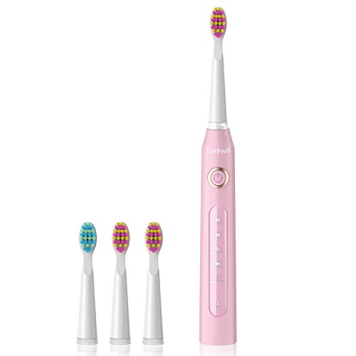 Fairywill UltraSonic Powered Electric Toothbrush ADA Accepted with 5 Modes, Smart Timer, 4 Brush Heads, Fully Rechargeable with One 4 Hr Charge Last 30 Days, Whitening Toothbrush Pink