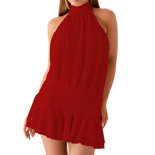 Image of Women's 2026 Summer Halter Dress Sleeveless Open Back Ruffle Tiered Layered Chiffon Pleated A Line Swing Mini Dress