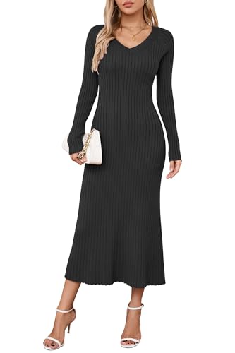 Arach&Cloz Strickkleid Damen V Ausschnitt Herbst Winterkleid Lang Pulloverkleid Bodycon Fishtail Maxi Kleid Elegant (Schwarz,M)