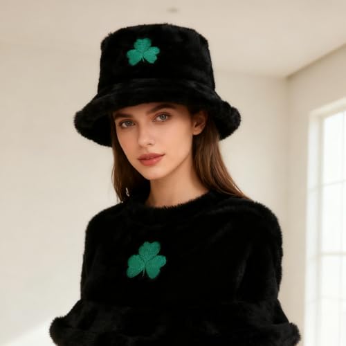 Image of Bucket Hat Women Furry Fuzzy Bucket Hats for Ladies, Winter Warm Fluffy Plush Faux Fur Hat for Women