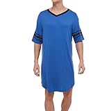 Lu's Chic Herren-Nachthemd mit V-Ausschnitt, kurzärmelig, Baumwolle, Schlafanzug, Schlafhemd - Blau - Small