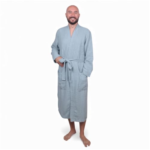 Image of Muslin Bathrobe - Cotton Gauze Robe for Women and Men - Lightweight Breathable Summer Kimono - Boho Spa /Maternity Robe