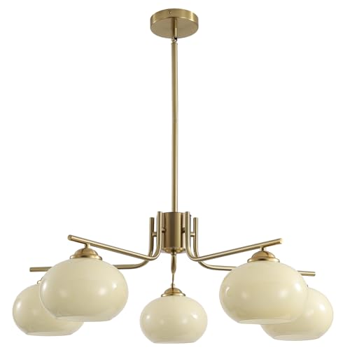 KCO Lighting Modern Brushed Gold Kronleuchter 5 Lichter Glaskugel Mitte Jahrhundert Messing Sputnik Esszimmer Leuchte Küche Insel Beleuchtung KCO Lighting Modern Brushed Gold Kronleuchter 5 Lichter Glaskugel Mitte Jahrhundert Messing Sputnik Esszimmer Leuchte Küche Insel Beleuchtung