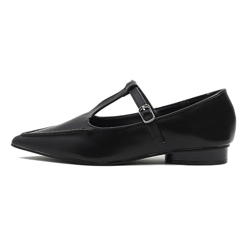 Women's Pointed Toe T-Strap Mary Jane Flats Shoes,Adjustable Buckle Hand Stitching Comfortable Flat Chunky Heel Dress Shoes2