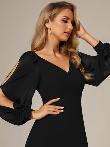 Image of Ever-Pretty Women's Fall Winter Formal Wedding Guest Dress Long Sleeve V Neck Chiffon Floor Length Bridesmaid Dresses 80116