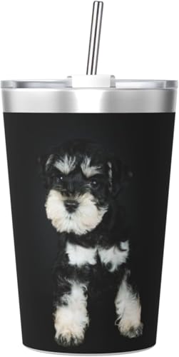 魔法瓶 ミニチュア・シュナウザー 子犬 タンブラー 350ml ステンレス製 水筒蓋とストロー付き 真空断熱漏れない 持ち運び 直飲み 子供 通勤 通学 かわいい おしゃれ プレゼント