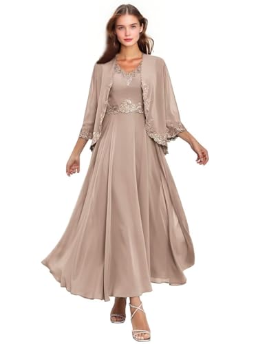 Lot de 2 robes de mère de la mariée en mousseline de soie avec veste à manches 3/4 en dentelle - Robe de soirée formelle longueur thé robe d'invité de...