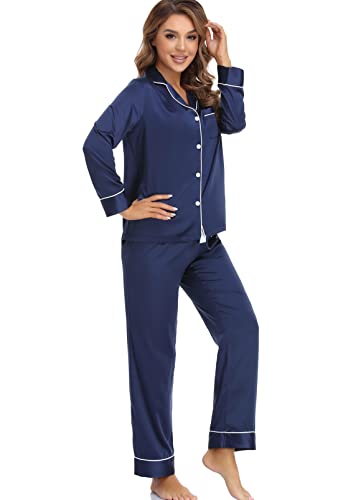 Image of Serenedelicacy Women's Satin Pajama Set Long Sleeve Button Down Sleepwear 2-Piece Silky Pj Set
