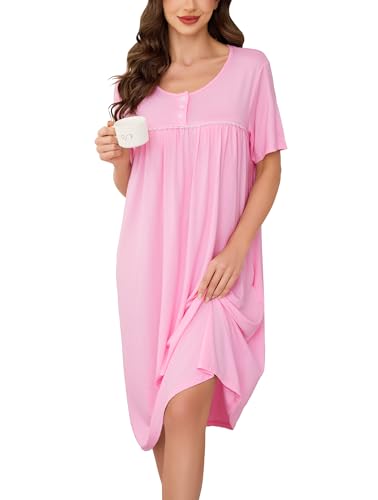 Vlazom Women's Nighties Button Front Long Nightdress Pleated Lace Nightgowns Luxury Soft Touch Nightgshirt with Pockets S-XXL