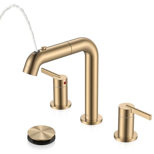 KENES Champagne Bronze Pull Out Bathroom Faucet 3 Hole 8 Inch 2 Handle Widespread Bathroom Sink Faucet with Pull Down Sprayer Bathroom Vanity Faucet with Pop Up Drain & Supply Lines LJ-9058A-CB