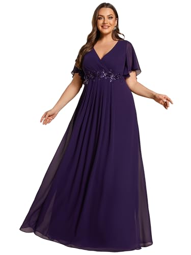 Image of Ever-Pretty Short Sleeves V Neck Plus Size Formal Dresses for Curvy Women Chiffon Mother of The Bride Dress Evening Gowns