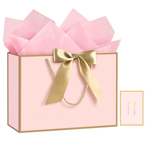 Image of JMANNI Pink Gift Bags with Handles, 13 inch Medium Gift Bags with Tissue Paper