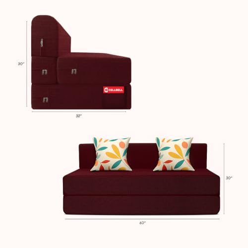 Image of CELLBELL Comfy Sofa Cum Bed 5x6.5 Feet | Foldable Dual Use Couch Bed with Soft Cushions, Washable Fabric Cover & Sturdy Frame | Space Saving Modern Design for Living Room, Bedroom Guest Use (Maroon)