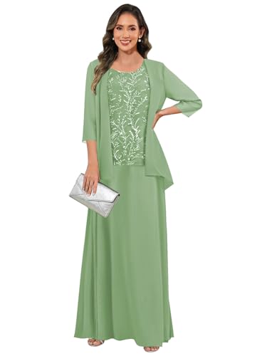TXDBB Long Sleeve Classy Mother of The Bride Dresses with Jacket Sequin A Line Chiffon Lace Sage Green Maxi Formal Dress Size 12