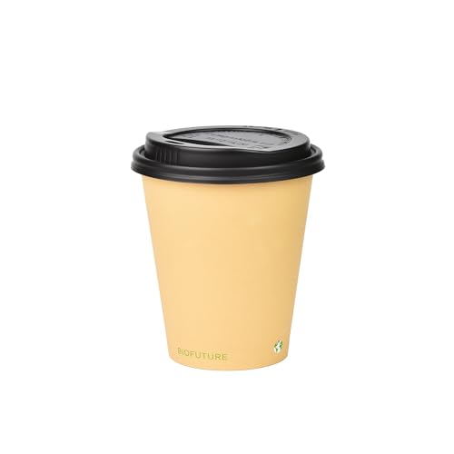 BIOFUTURE Tazas de café biodegradables, 50 x 6 onzas, 16 onzas (170 ml, 450 ml), vasos de papel desechables con tapas, ecológicos y 100 % compostables, ideales para té, café y bebidas calientes (arena