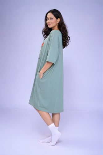 Image of LAMA STORE Women's Printed Oversized T-Shirt Dress, Cotton, 3 /4 Sleeve Length, Casual Loose Fit, Comfort Wear Extra Comfy Oversized Printed Pocket T-Shirt Dress