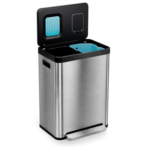 Home Zone Living 19 Gallon Kitchen Trash Can with Dual Compartments | Stainless Steel with CleanAura Odor Control, Soft-Close Step Pedal Lid and Recycling Flap for Quick Disposal, Silver