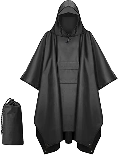 MINYII Hooded Rain Poncho Waterproof Raincoat Jacket for Men Women Adults Waterproof Lightweight Raincoat for Hiking Camping Emergency (black01)