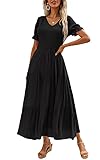 Women V Neck Puff Sleeve Smocked Pleats Ruffle Midi Solid Dress Black XL