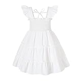 FishingDino Kleider für Mädchen Gr. 92-116, Gesmokt Ärmellos Sommerkleid Mädchen mit Rüschen & Rückenschleife, Kleinkind Baby Kleid Dress 1-6 Jahre, Weiß 110-116