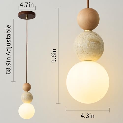 Natural Travertine Pendant Light Kitchen Island, Wabi Sabi Pendant Light Fixture with 3-Globe, Japanese Stone & Wood Hanging Lamp for Dining Room Bedroom Bedside Living Room Corridor by eccuslon - Used condition - Image 5