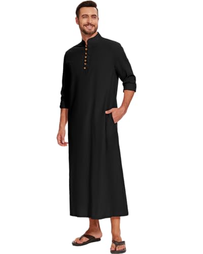 LVCBL Thobe for Men Long Sleeve Kaftan Muslim Thobe Button Down Long Gown Caftan with Pockets3