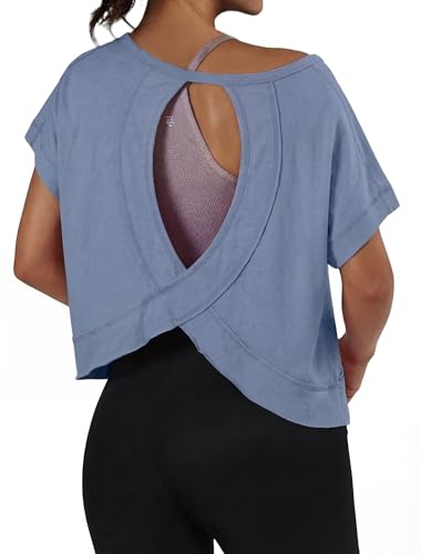 GRECERELLE Women's Open Back Workout Top Athletic Shirts Backless Short Sleeve Running Crop Top Gym Yoga Tee, Denim Blue, Small