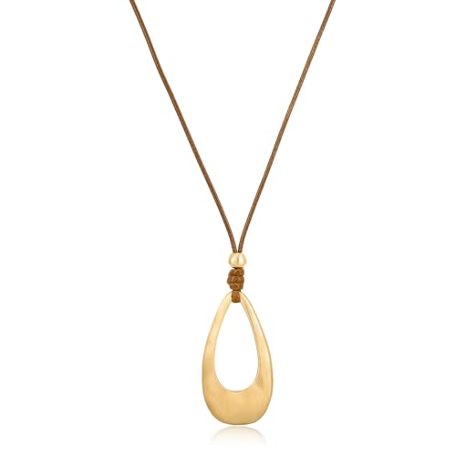 ESALIA Brushed Gold Plated Classic Teardrop Pendant Long Necklace for Women Adjustable Length Brown Wax Cord Sweater Chain Fashion Jewelry Gifts (Brushed Gold)