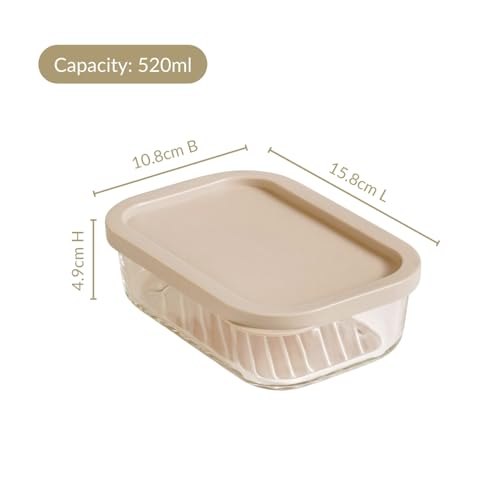 Image of Nestasia Groovo Glass Containers for Fridge Storage Set of 4 (520ml Each) - Transparent Stackable Glass Container with Lid, Microwave & Dishwasher Safe Containers with Ribbed Texture (Beige)