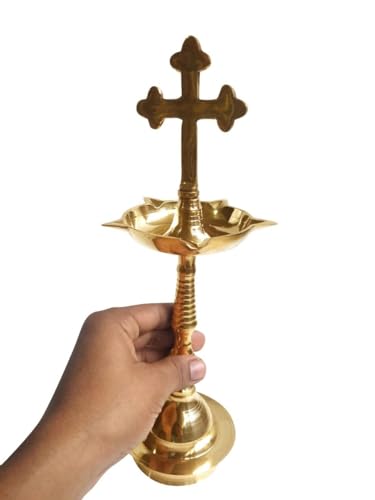 Image of Brass Nilavilakku with Cross Diya Lamp Oil Lamp Brass Kerala Diya Oil Lamp Stand for Home Decoration Items Church Gifts 13 * 5 inches
