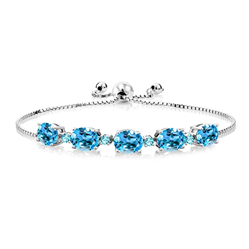 Gem Stone King 7.82 Cttw Swiss Blue Topaz Tennis Bracelet For Women | 925 Sterling Silver | Oval 8X6MM and Round 2.5MM | Gemstone Birthstone | Fully Adjustable Up to 9 Inch