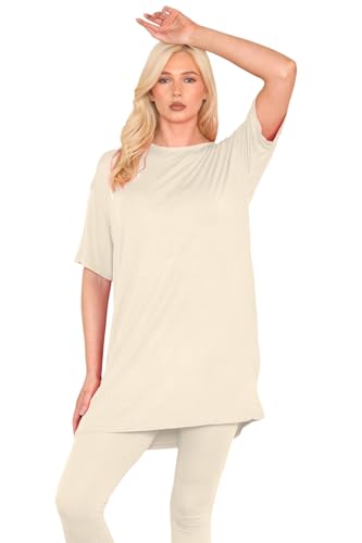janisramone® Womens Short Sleeve Tunic T Shirts, Round Neck Oversized T Shirts for Women UK, Soft Comfortable Pj Dress, Perfect Summer Longline Ladies Tops Stone