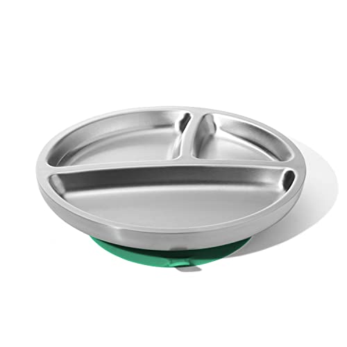 Image of Avanchy Toddler Plates with Suction – Stainless Steel Divided Plates for Babies, BPA-Free, Dishwasher Safe, Unbreakable, Non-Toxic, 100% Silicone Suction – Green